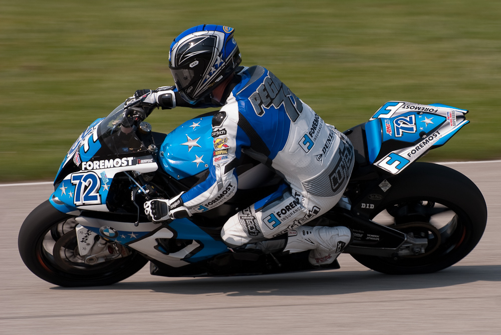 Larry Pegram on the No 72 Pegram Racing BMW S1000RR in the bend, Road America, Elkhart Lake, WI