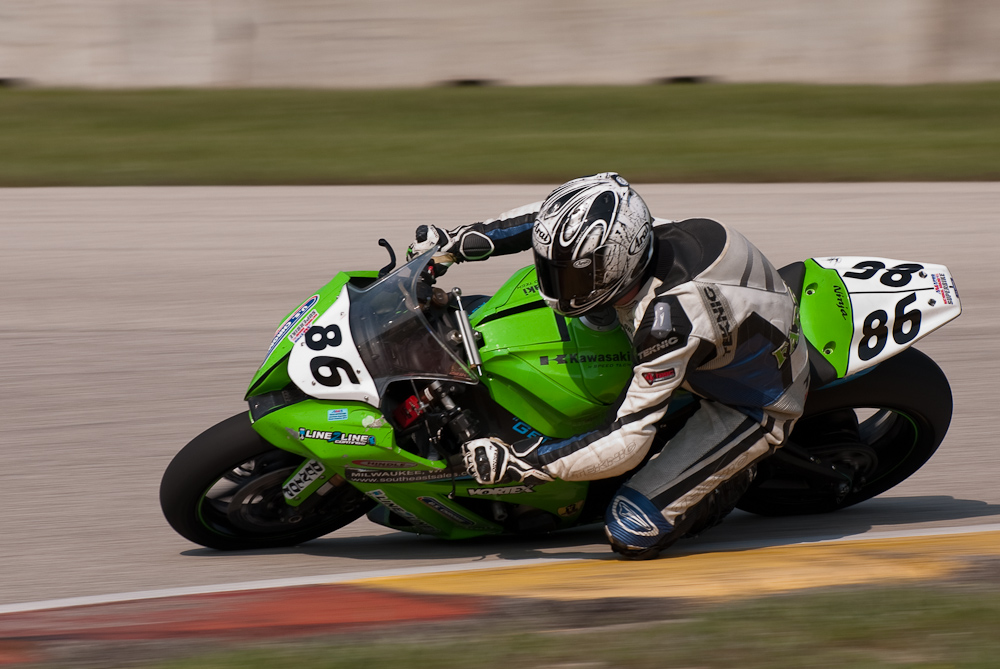 Jason Farrell on the No 86 Speed Tech Performance Kawasaki ZX-10 in the bend, Road America, Elkhart Lake, WI