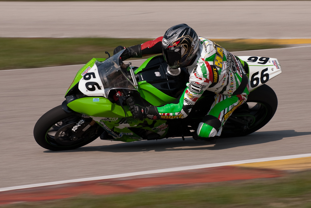 Brian Hall on the No 66 Schaumburg Audi Kawasaki ZX-10 in the bend, Road America, Elkhart Lake, WI