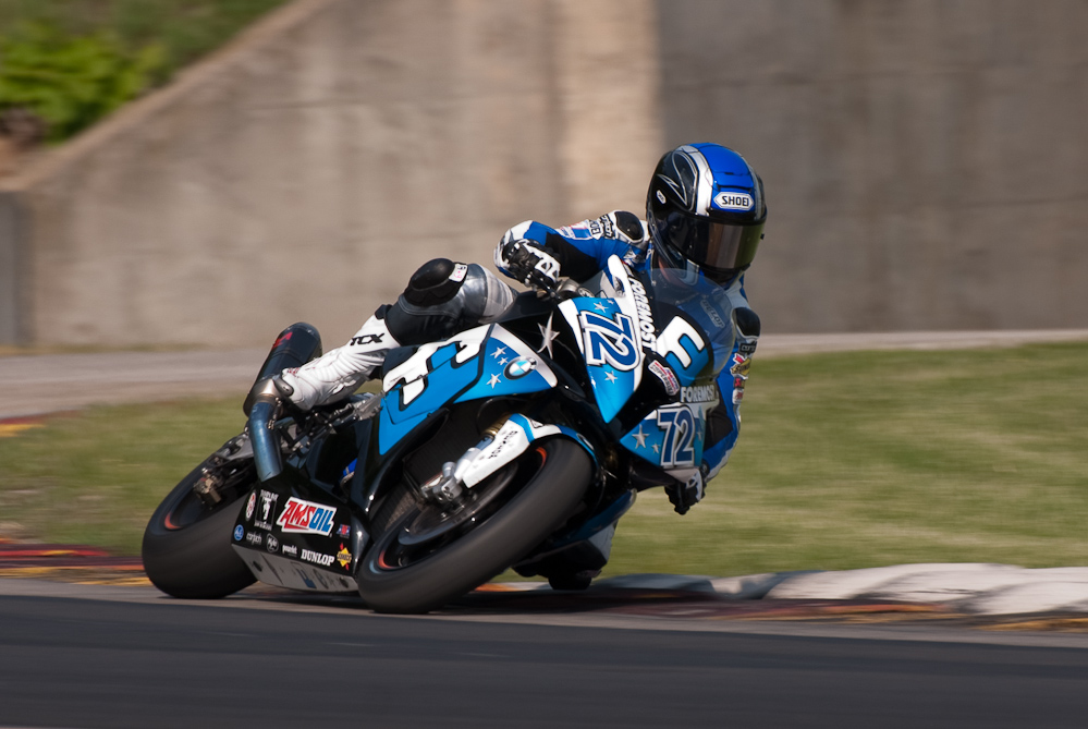 Larry Pegram on the No 72 Pegram Racing BMW S1000RR in turn 6, Road America, Elkhart Lake, WI