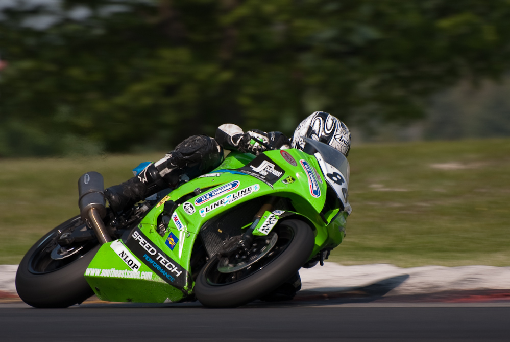 Jason Farrell on the No 86 Speed Tech Performance Kawasaki ZX-10 in turn 6, Road America, Elkhart Lake, WI