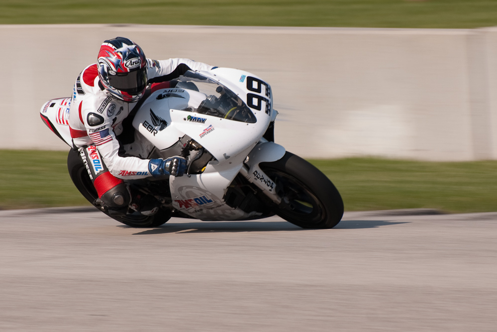 Geoff May on the No 99 Amsoil EBR Racing Buell 1125R in turn 7, Road America, Elkhart Lake, WI