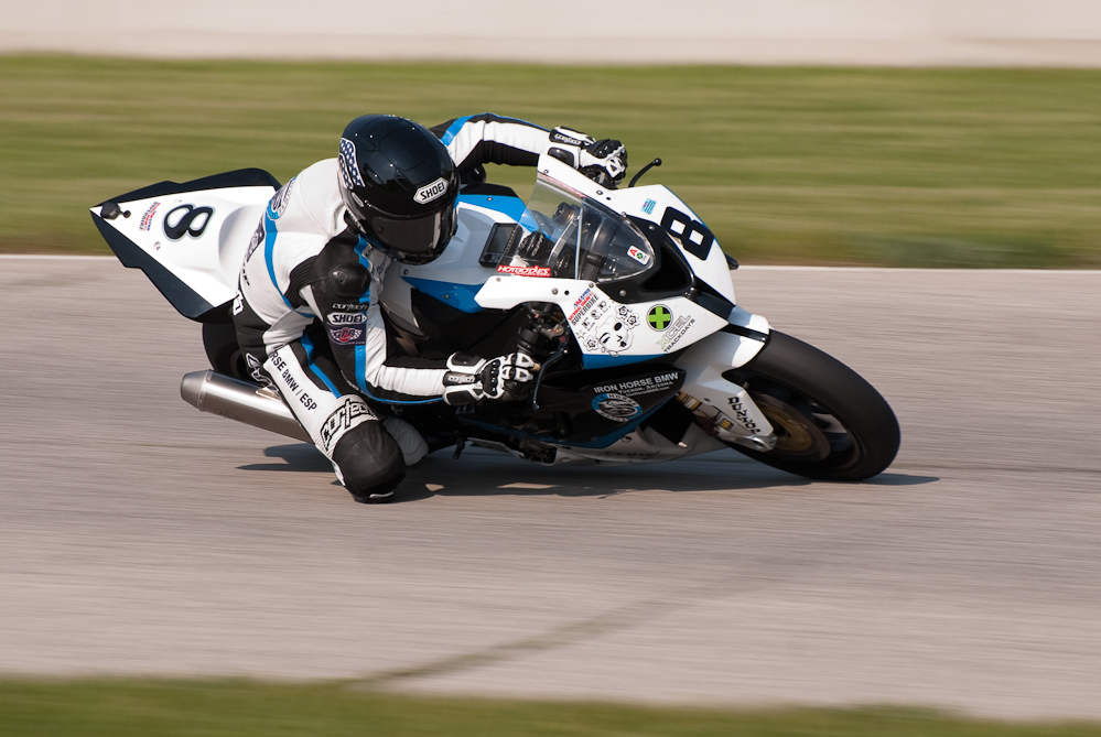 Chris Peris on the No 8 Team Iron Horse BMW ·ESP BMW S1000RR in turn 7, Road America, Elkhart Lake, WI