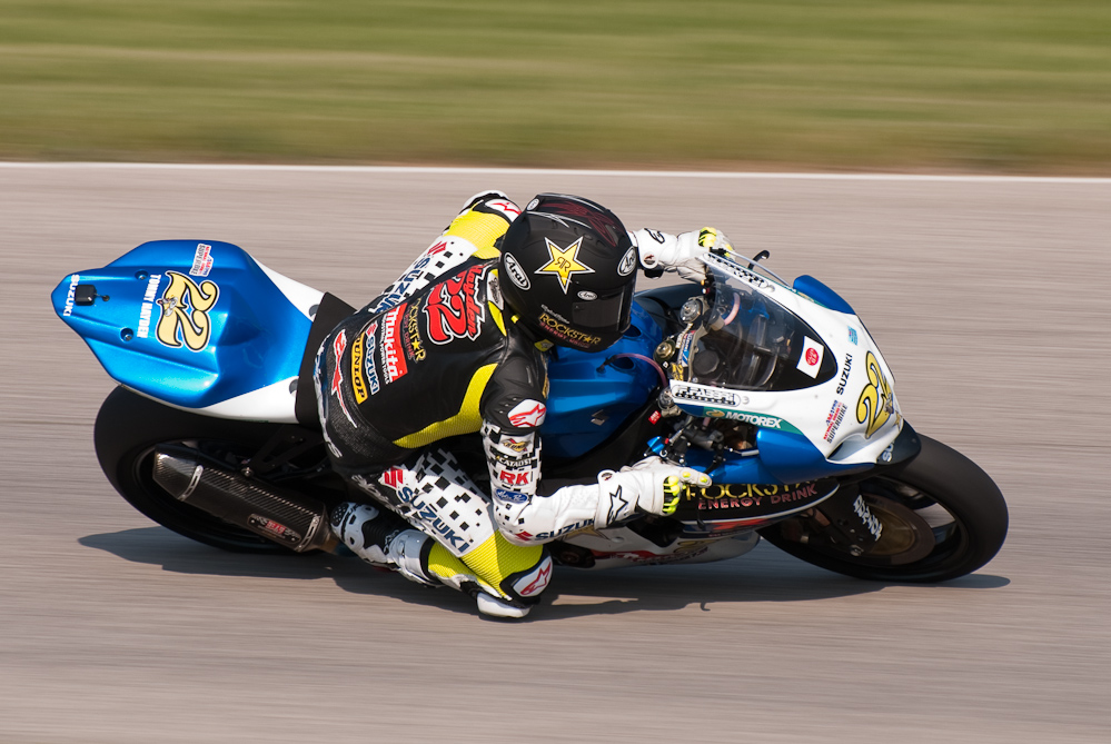 Tommy Hayden on the No 22 Rockstar ·Makita Suzuki GSX-R1000 in turn 7, Road America, Elkhart Lake, WI