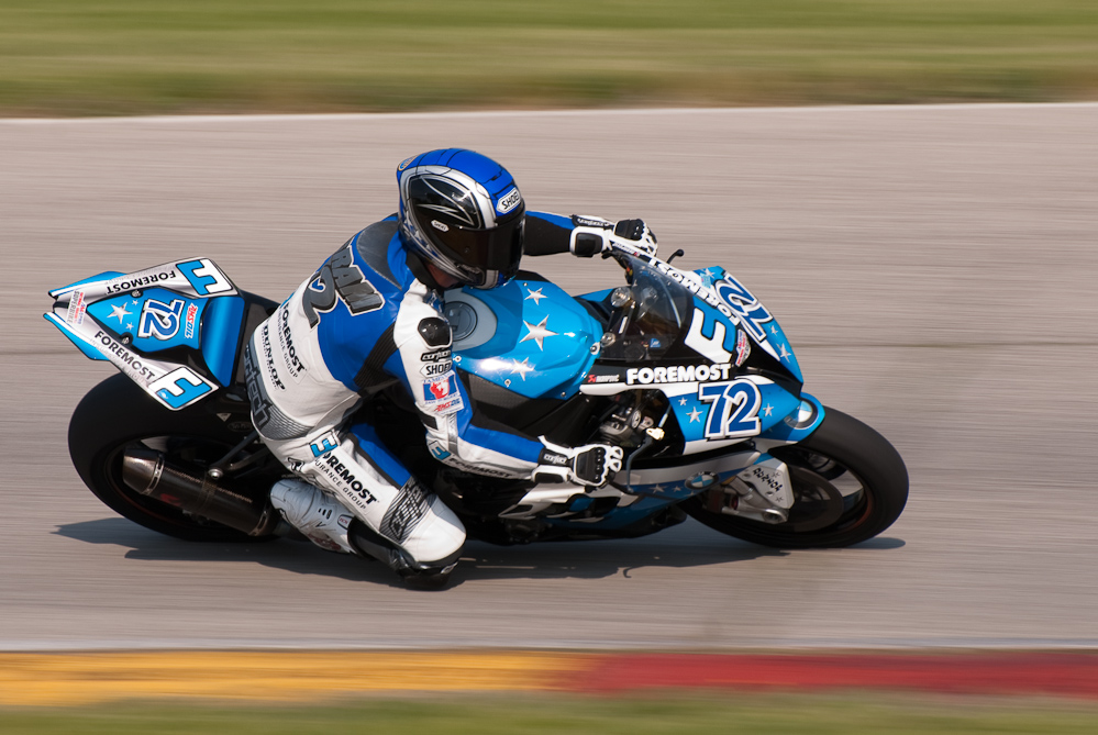 Larry Pegram on the No 72 Pegram Racing BMW S1000RR in turn 7, Road America, Elkhart Lake, WI