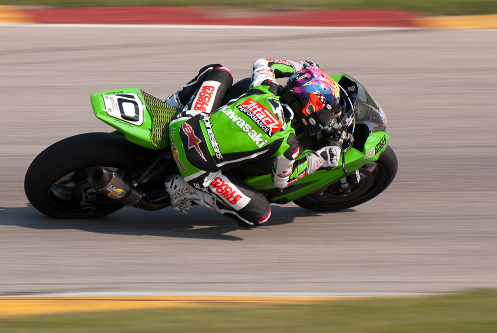 JD Beach on the No 10 Cycle World Attack Performance Kawasaki ZX-10 in turn 7, Road America, Elkhart Lake, WI