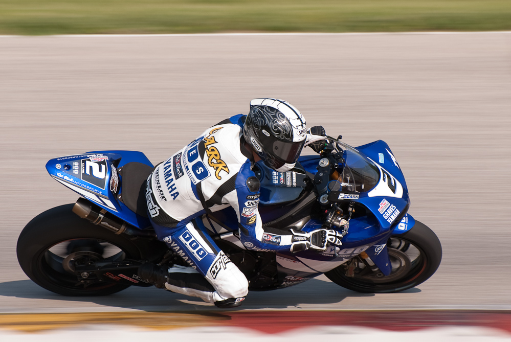Chris Clark on the No 2 Yamaha Extended Service, Pat Clark Sports, Graves, Yamaha R1 in turn 7, Road America, Elkhart Lake, WI