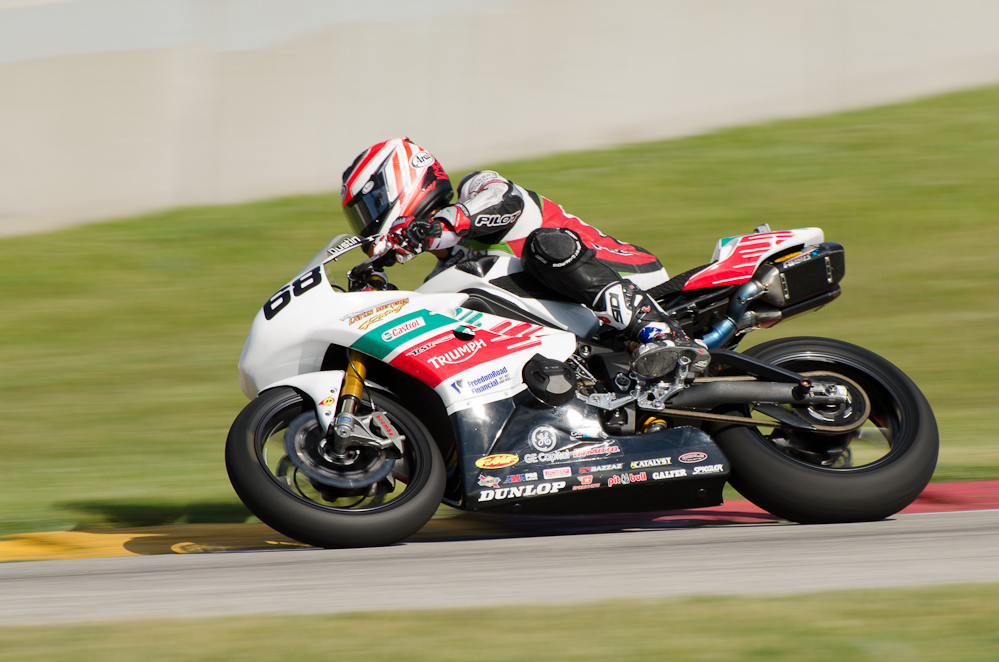 Dustin Dominguez on the No. 68 Castrol Triumph Triumph Daytona 675 in turn 7, Road America, Elkhart Lake, WI  ~  DSC_3384