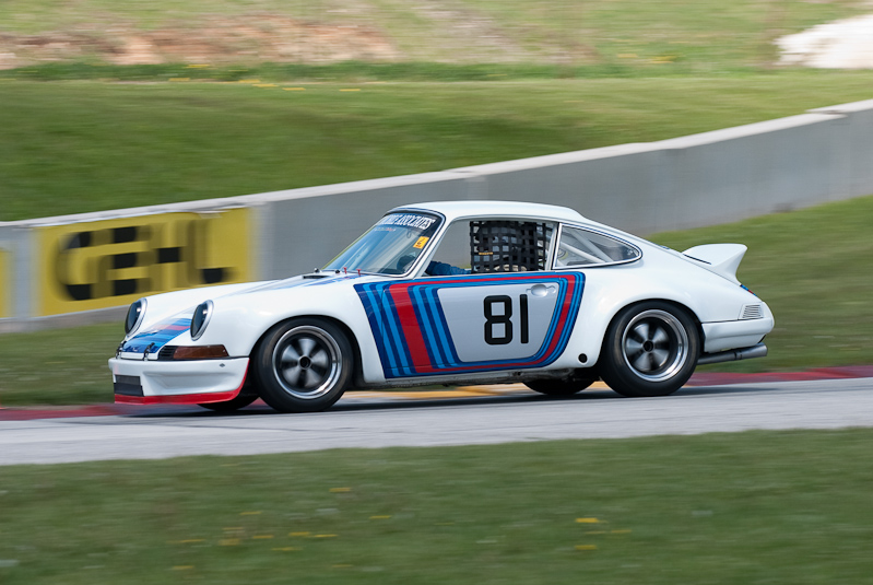 1973 Porsche 911RSR car# 81 driven by Steve Cooney in turn 7 at Road America, Elkhart Lake, WI
