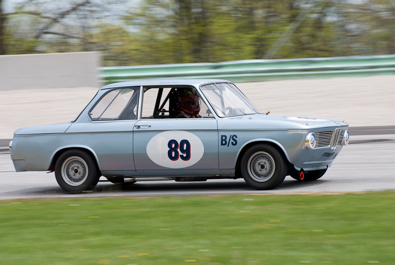 1966 BMW 1600-2 car #89 driven by Michelle Gesse in turn 1 at Road America, Elkhart Lake, WI