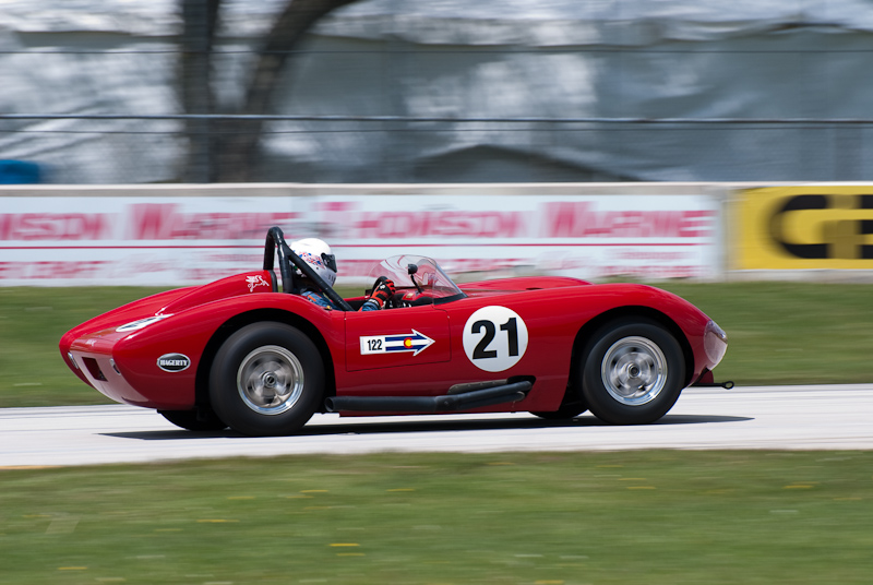 1959 Bocar XP5 car# 21 driven by Mike Fisher in turn 13 at Road America, Elkhart Lake, WI