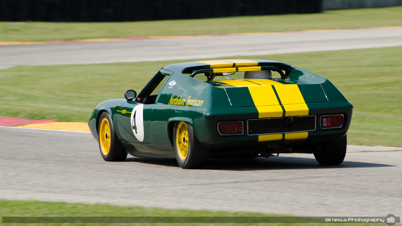 1970 Lotus Europa #4 driven by Norb Bries at Road America, Elkhart Lake, WI. Turn 7 / DSC_0384