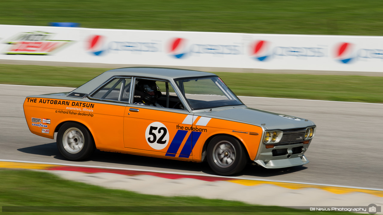 1967 Datsun Blubird #52 driven by Richard Fisher at Road America, Elkhart Lake, WI. Turn 7 / DSC_1814