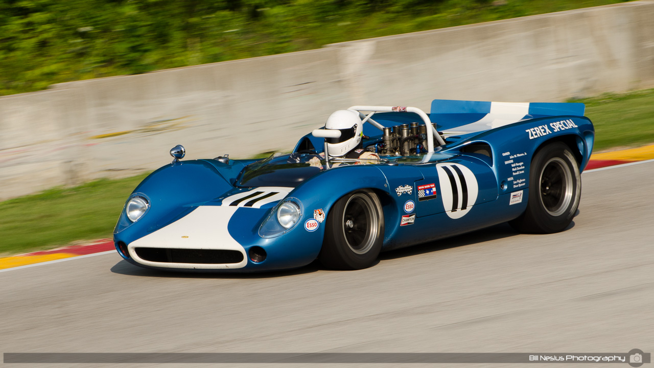1965 Lola T70 MkI #11 driven by Marc Devis. Road America, Elkhart Lake, WI.  Turn 13 / DSC_9182