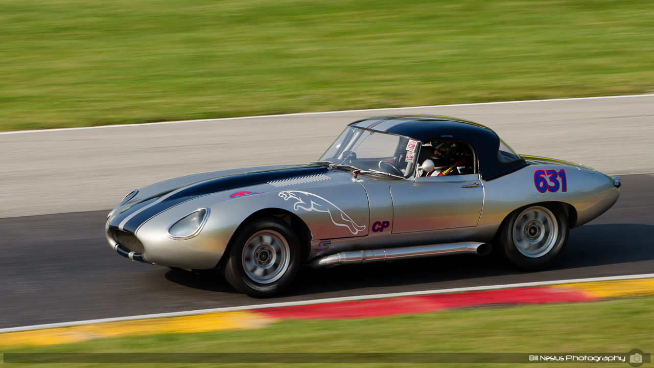 1963 Jaguar XKE, #631 driven by Scott Holley. Road America, Elkhart Lake, WI. 
Turn 13 / DSC_9238