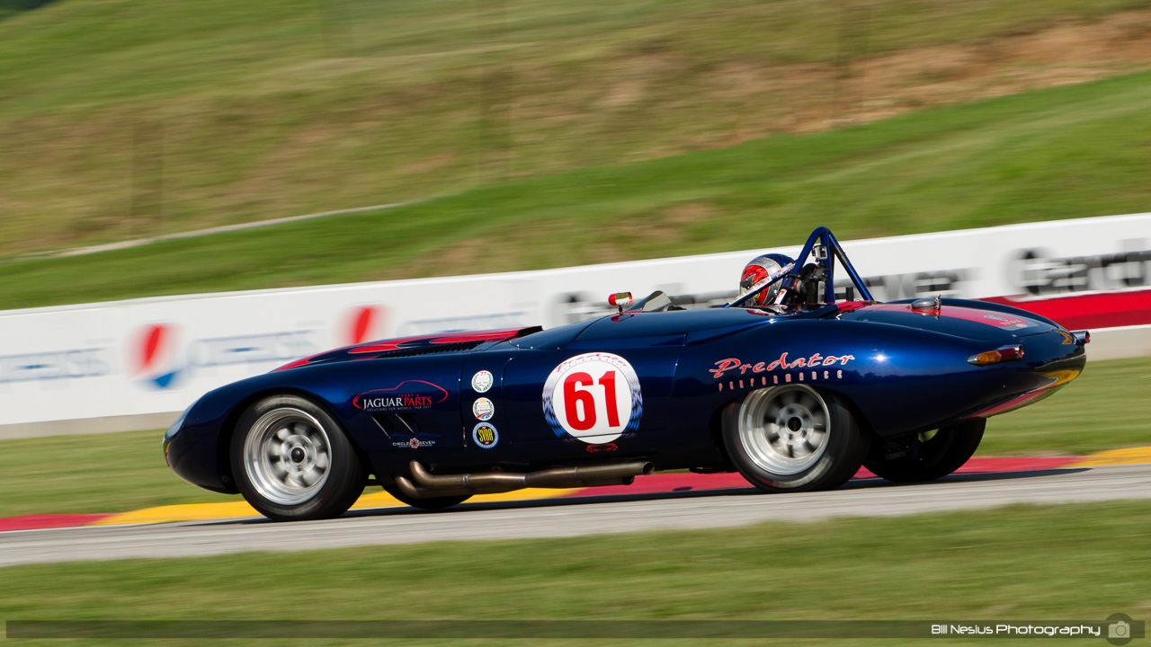 1961 Jaguar XKE #61 driven by Larry Ligas at Road America, Elkhart Lake, WI. Turn 7 / DSC_9742