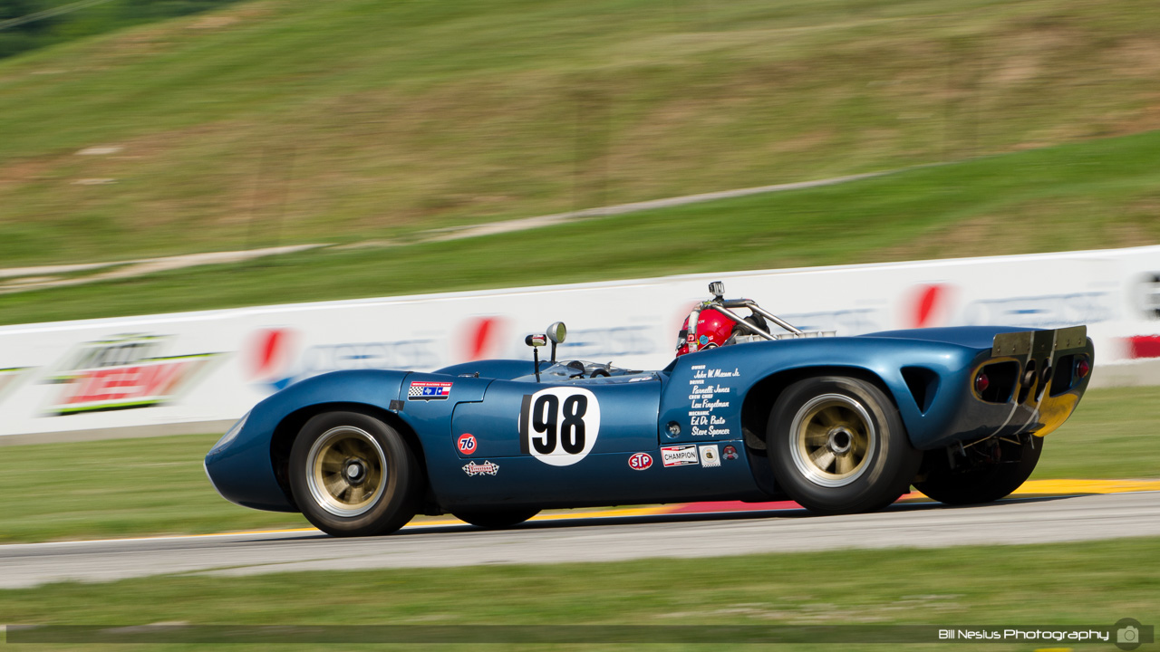 1966 Lola T70 Mk II #198 driven by David Jacobs at Road America, Elkhart Lake, WI. Turn 7 / DSC_9969