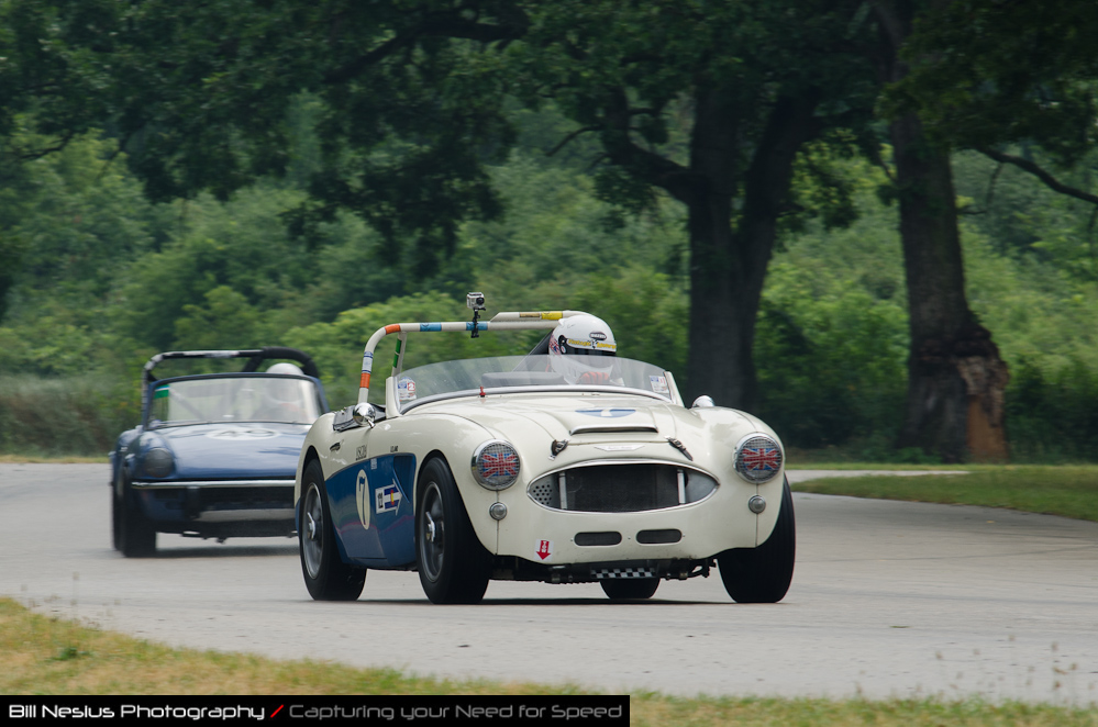 DSC_6420 / 1960 Austin Healey 3000 MkI, car no 7, driven by Mike Fisher in turn 4. Blackhawk Farms Raceway